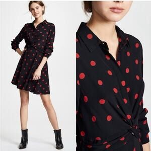 GANNI Black & Red Polka Dot Ruched Long Sleeve Mini Dress